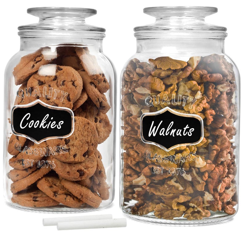 Estilo Round Glass Canister Jars with Airtight Lids Ideal for Cookies, Candies, Cereal - Cookie Jar - Includes Chalkboard Labels and Chalk - 1/2 Gallon (Set of 2), Clear - Image 1